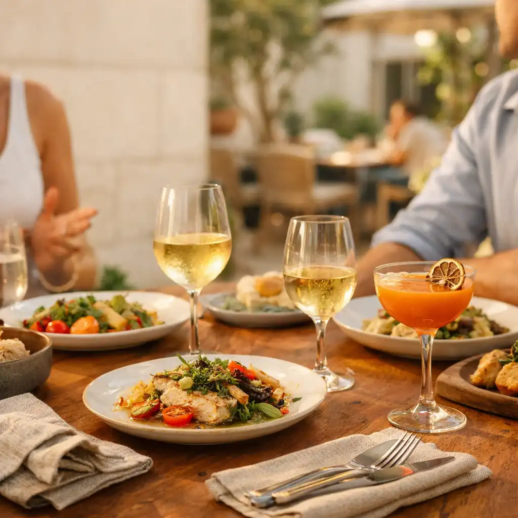 Shared dining table in a bright Brisbane courtyard with plated food, wine, cocktail and woven linen.