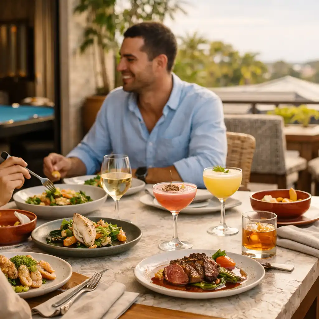 Guests sharing food and cocktails on a bright Brisbane terrace with a Lagoon Blue poker table visible beyond.