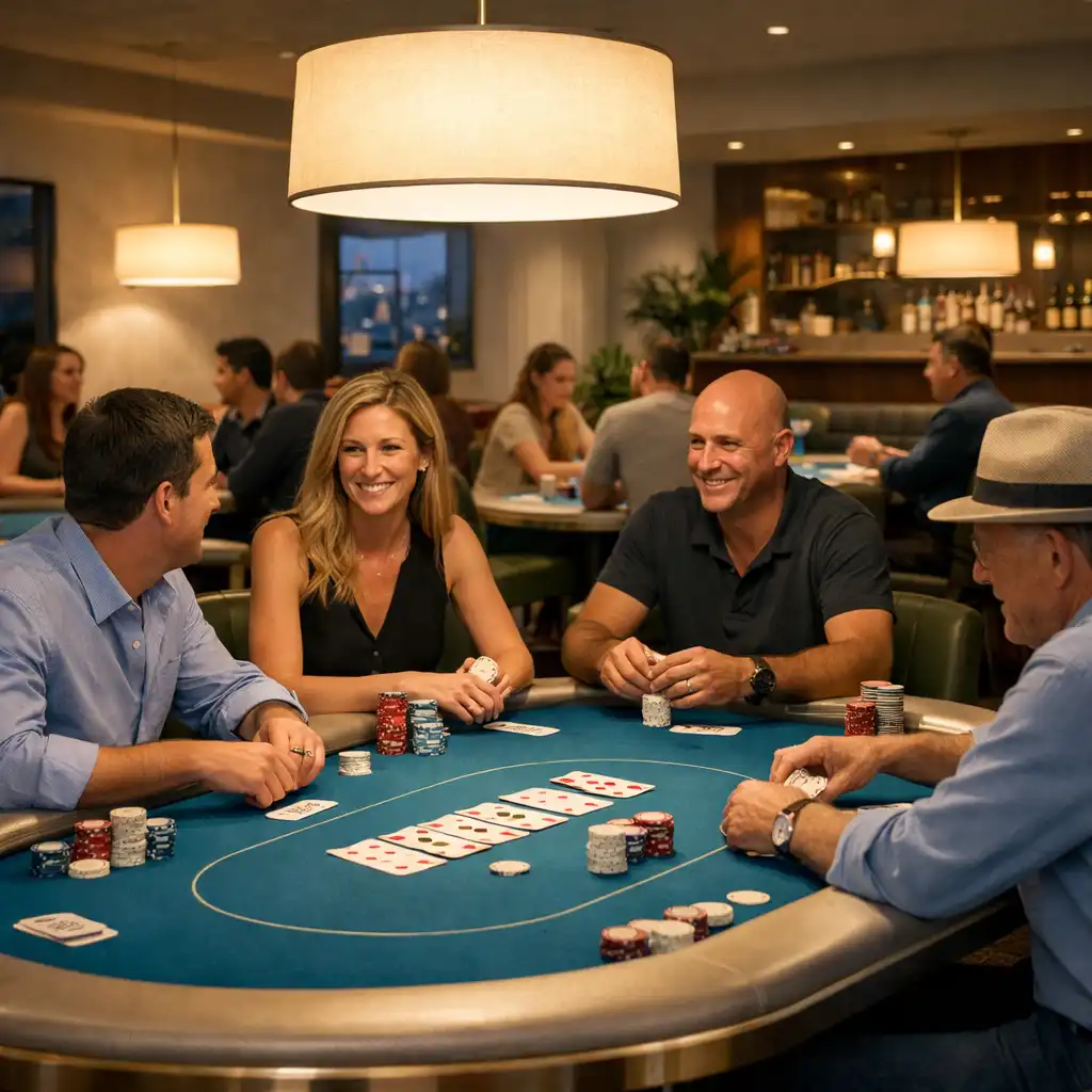 Brisbane Card Room with several physical poker tables, seated players and warm dedicated table lighting.