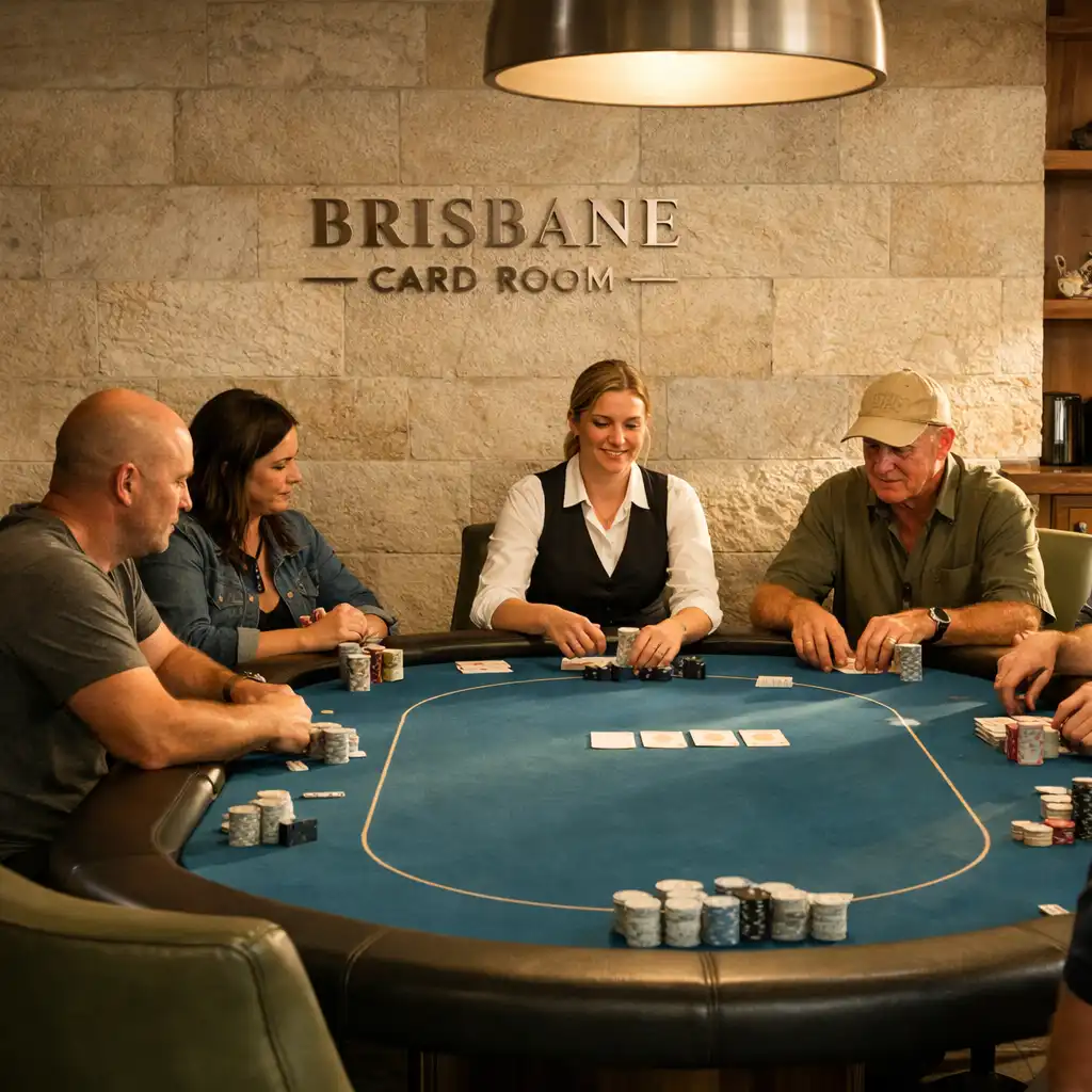 Face-to-face players gathered around a Lagoon Blue felt poker table in ApuestaElitte's bright Brisbane Card Room.