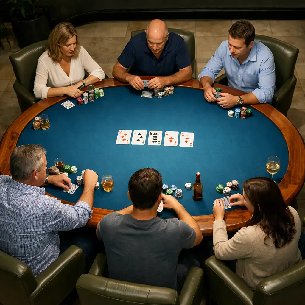 Elevated view of adults seated around a complete Lagoon Blue felt poker table in the Brisbane Card Room.