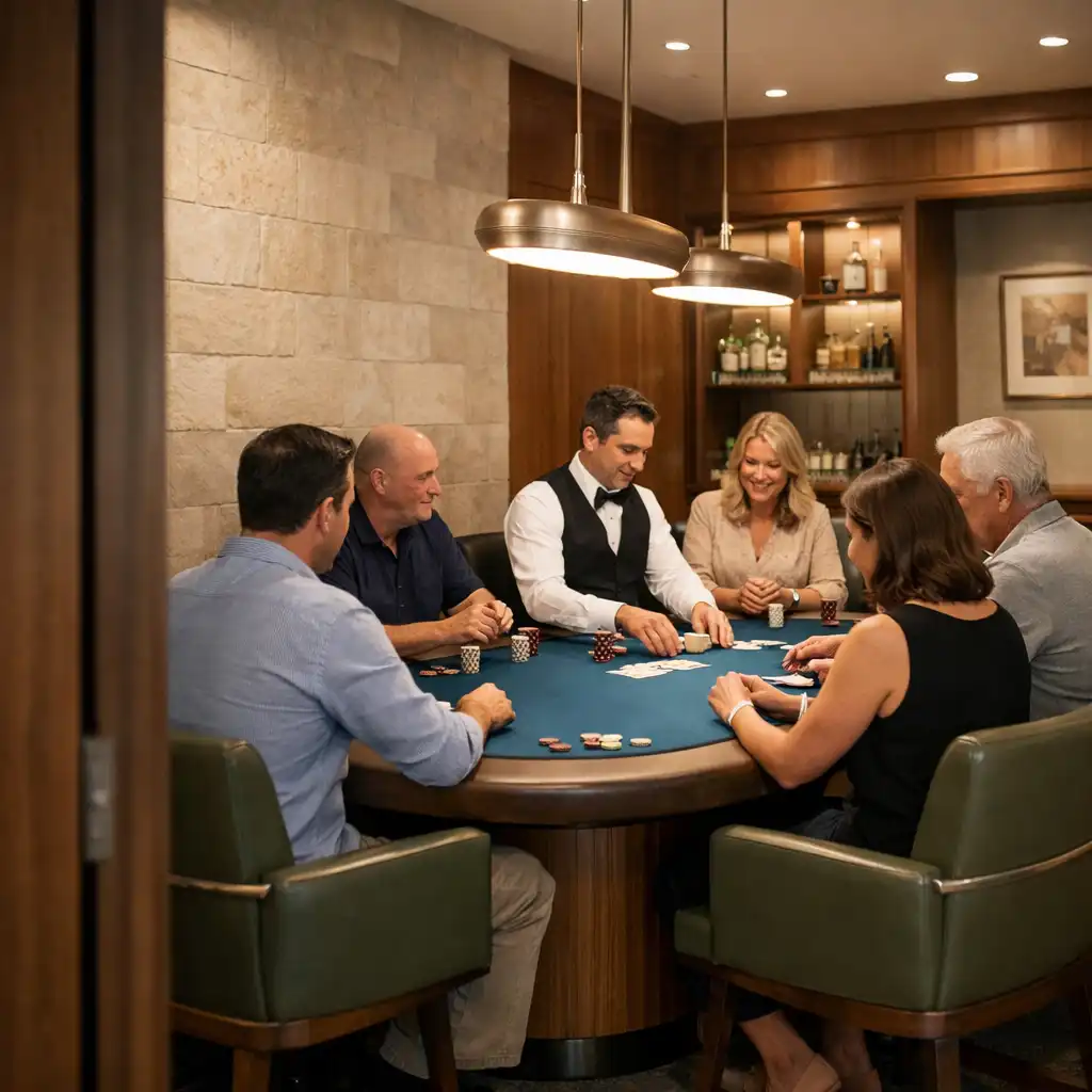 A dealer and adult guests seated around a Lagoon Blue felt table under warm pendant lights in ApuestaElitte’s contemporary Card Room.