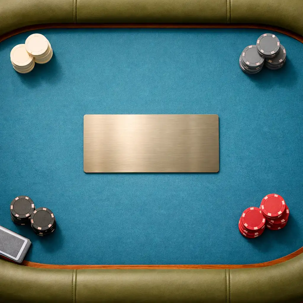Overhead view of a Lagoon Blue felt poker table with neutral chips and a brushed metal plaque in a bright Brisbane hospitality setting.