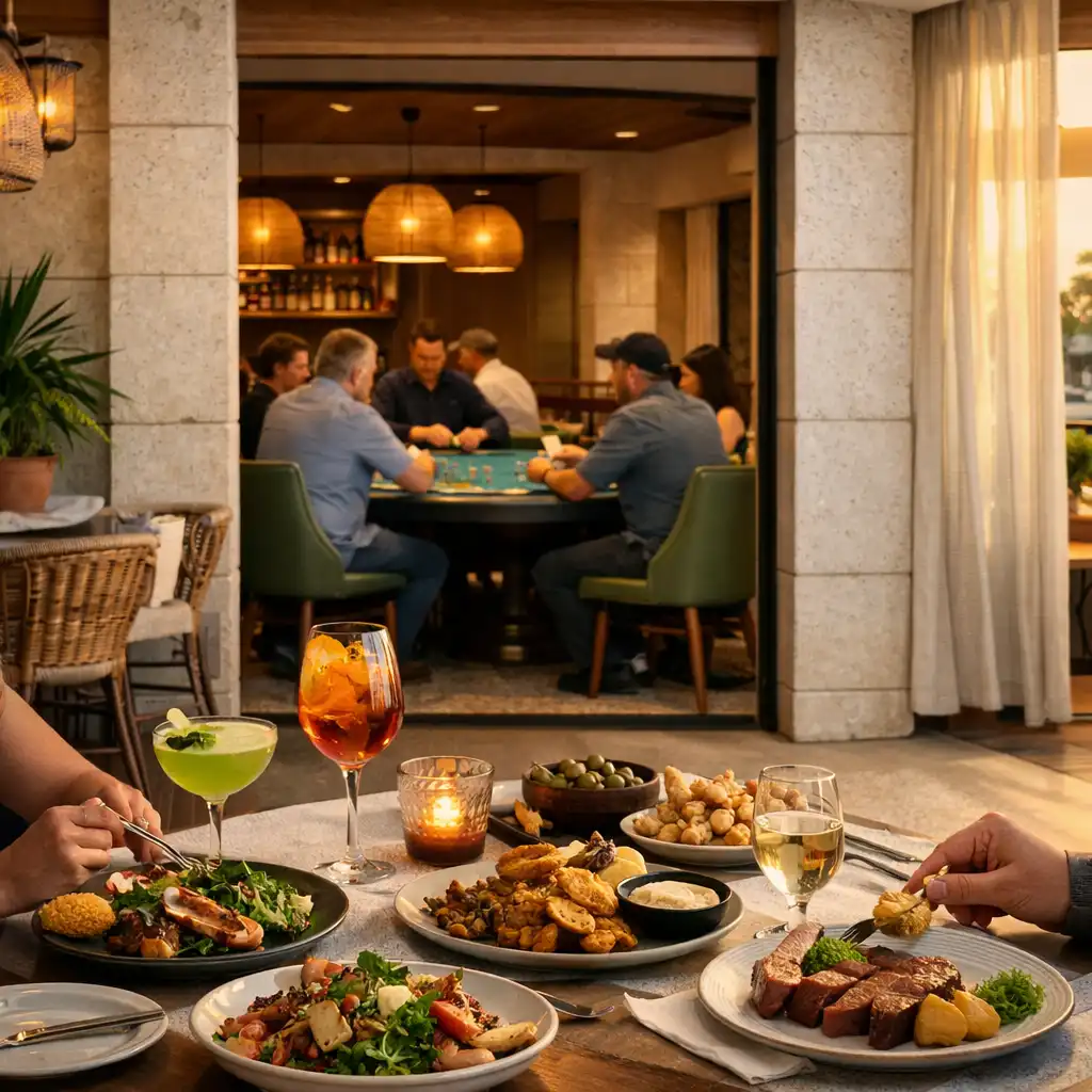 Adult guests enjoying modern Australian dining and cocktails on a Brisbane terrace, with a poker table visible through the restaurant interior.