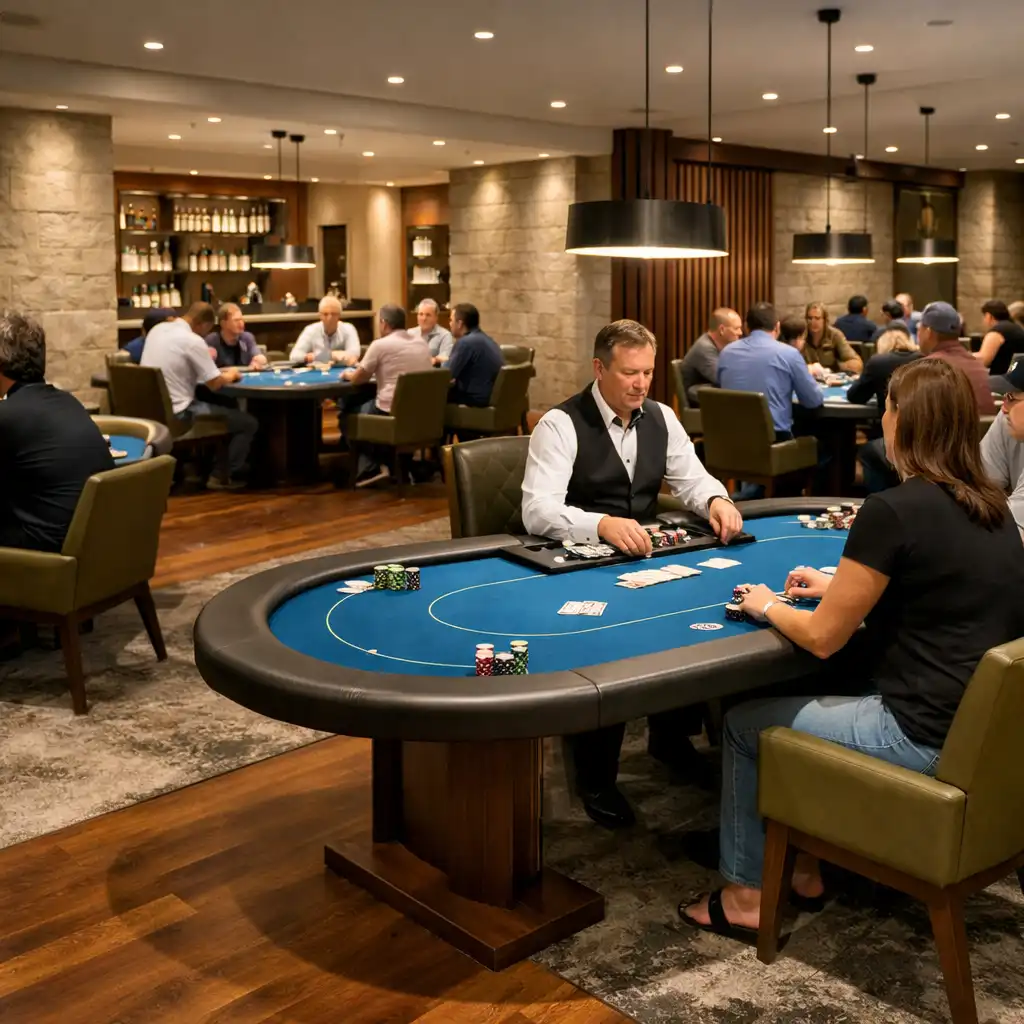 Dealer and adult players seated face-to-face at Lagoon Blue felt poker tables in a contemporary Brisbane Card Room.