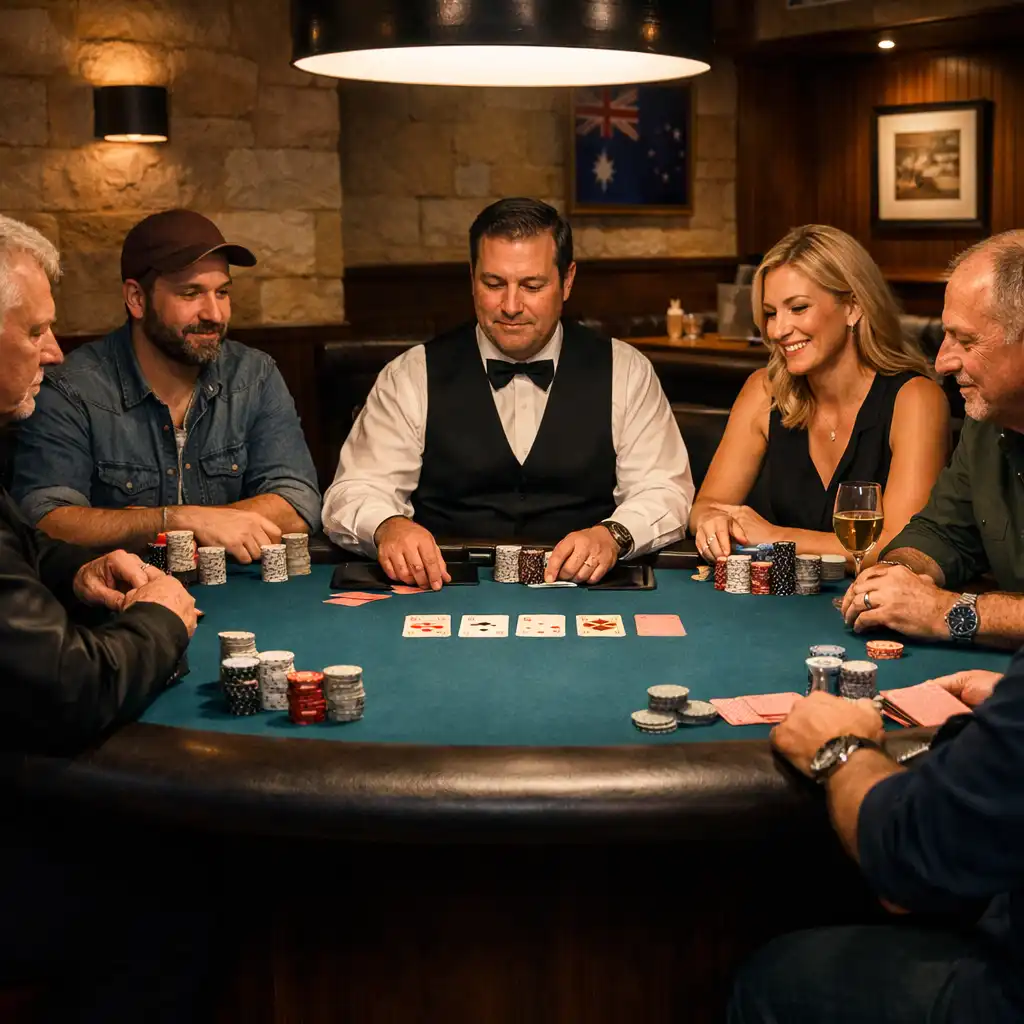 Six adult players and a dealer seated face-to-face around a Lagoon Blue felt Texas Hold’em table in a Brisbane poker social club.