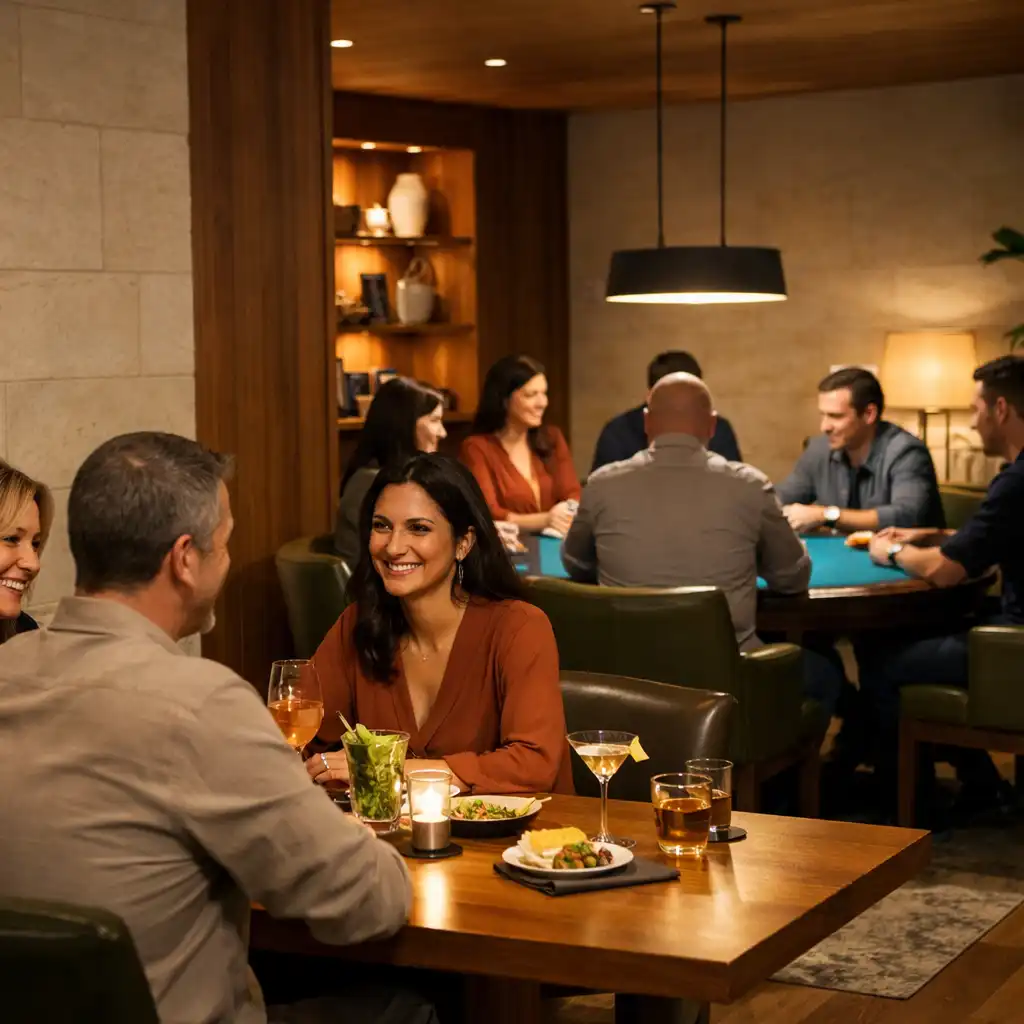 Late-evening dining and face-to-face poker table interaction in a warm contemporary hospitality setting.