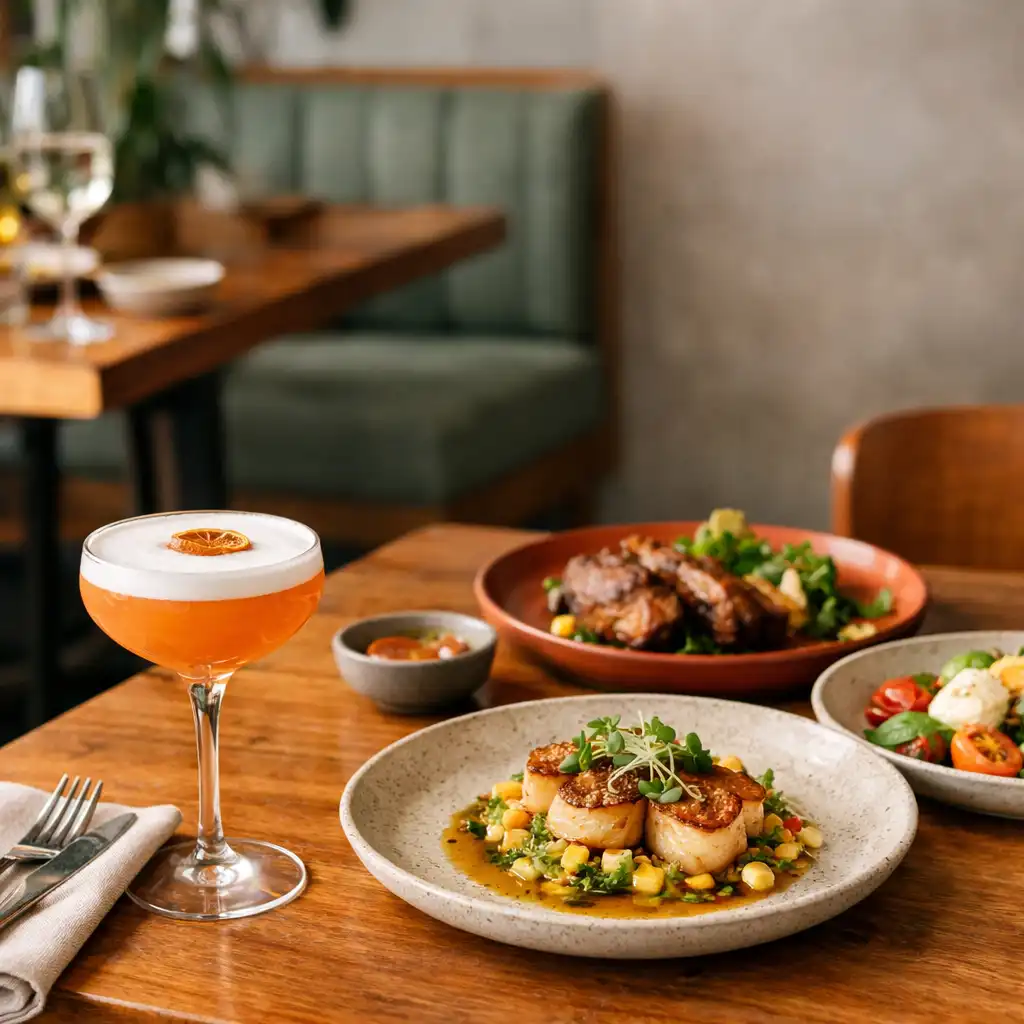 Modern Australian shared dining and a carefully made cocktail on pale stoneware in a Brisbane restaurant.