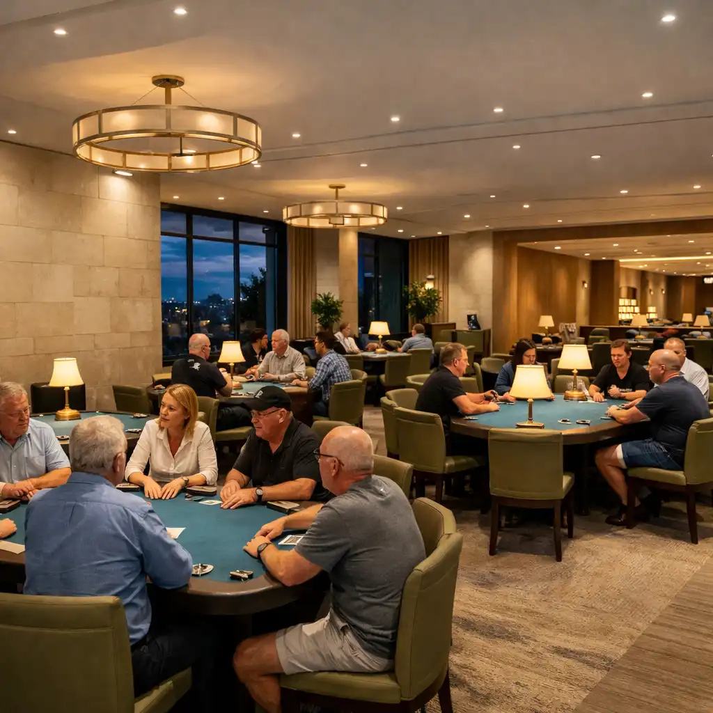 Face-to-face players seated around physical poker tables in ApuestaElitte's contemporary Brisbane Card Room
