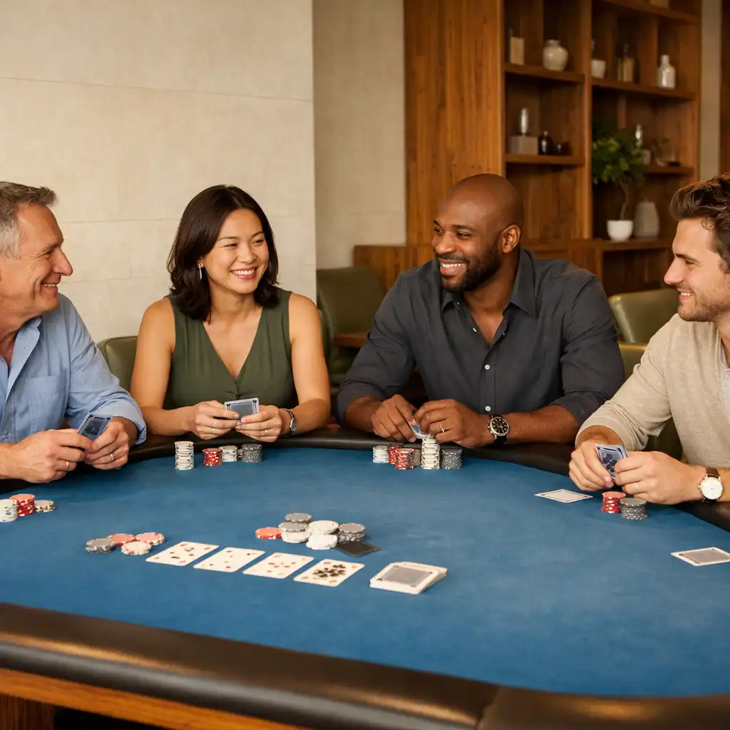 Adult guests seated face-to-face around a Lagoon Blue felt poker table in a bright Brisbane club room