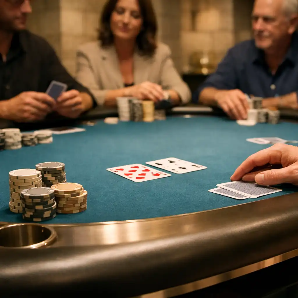 Physical poker table with Lagoon Blue felt, cards, neutral chips and players seated opposite one another