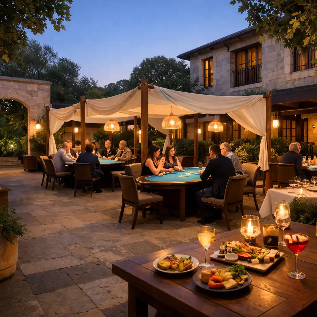 Open-air Brisbane courtyard in warm evening light with restaurant tables, drinks and physical poker tables under canopies.