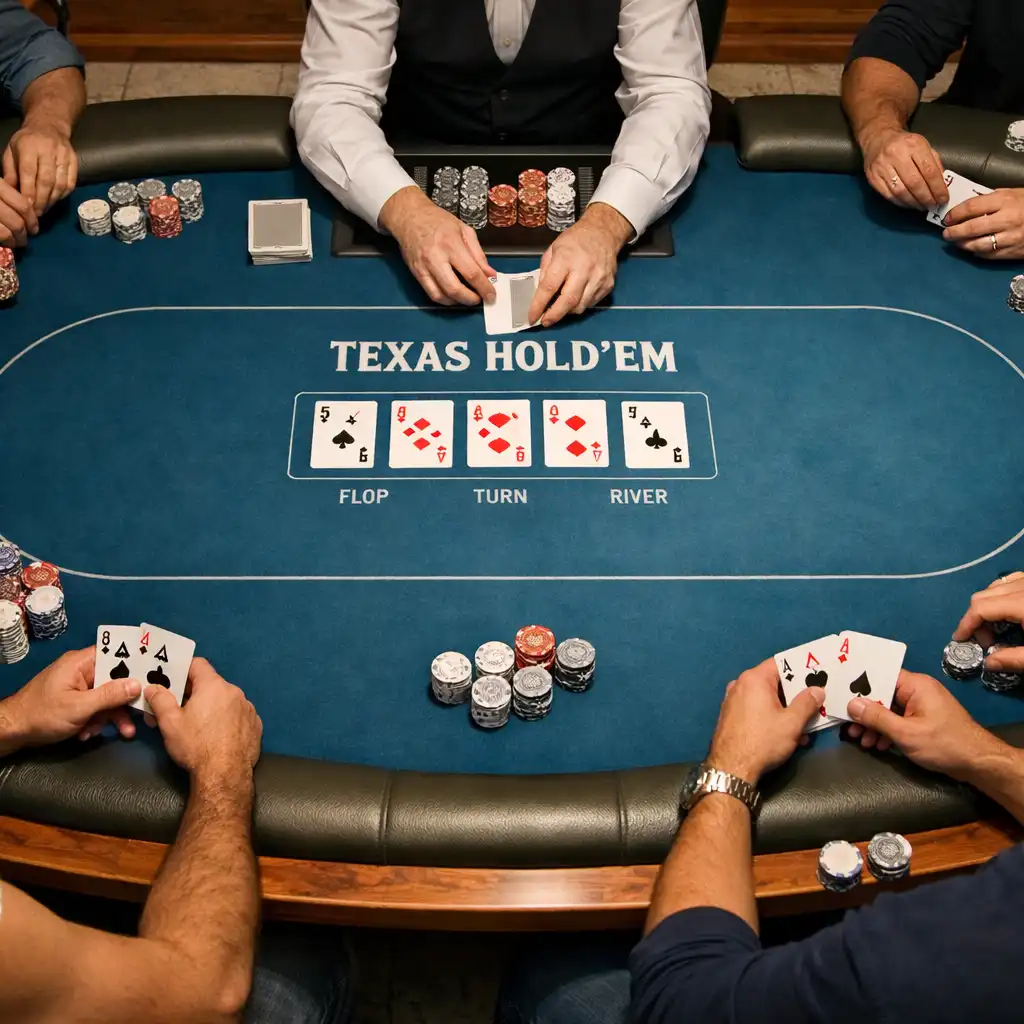 Elevated view of adult players seated around a real Lagoon Blue felt Texas Hold’em table with cards and neutral chips in Brisbane.