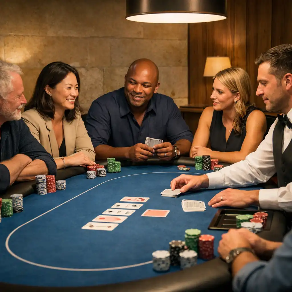 Dealer and adult players seated face-to-face around a Lagoon Blue Texas Hold’em table in Brisbane.