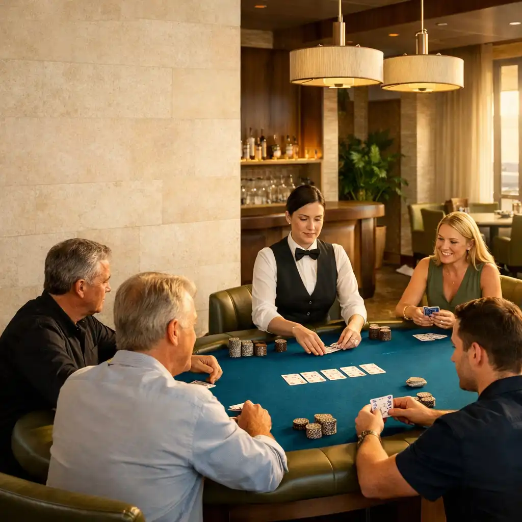 Adult guests and a dealer gathered around a Lagoon Blue felt Texas Hold’em table in a bright Brisbane poker room.
