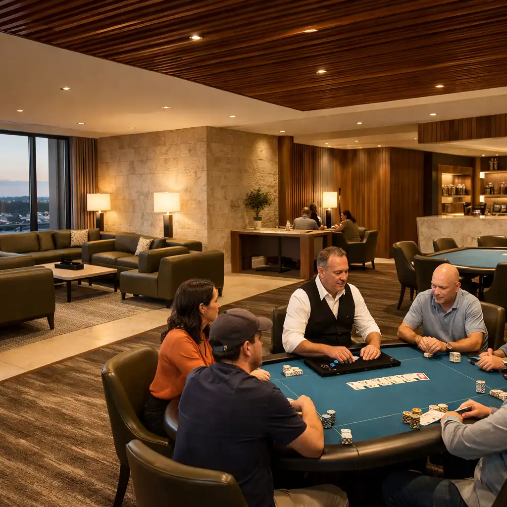 A contemporary Brisbane Card Room with physical poker tables, seated guests, Lagoon Blue felt and warm table lighting.