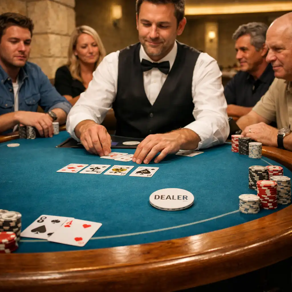 Adult players and a dealer seated around a Lagoon Blue felt Texas Hold’em table in a warmly lit Brisbane Card Room.