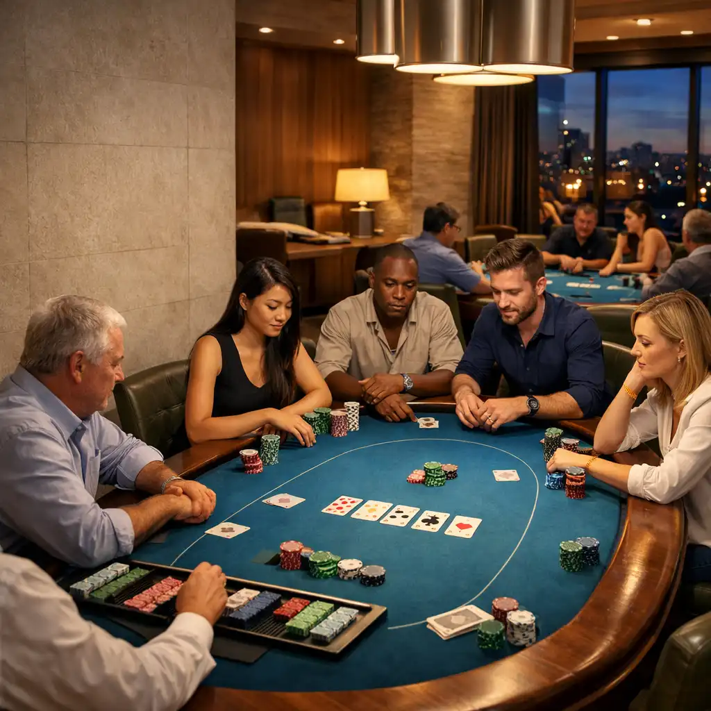 Adult players seated face-to-face at a Lagoon Blue felt poker table with a dealer position in a bright Brisbane poker room.